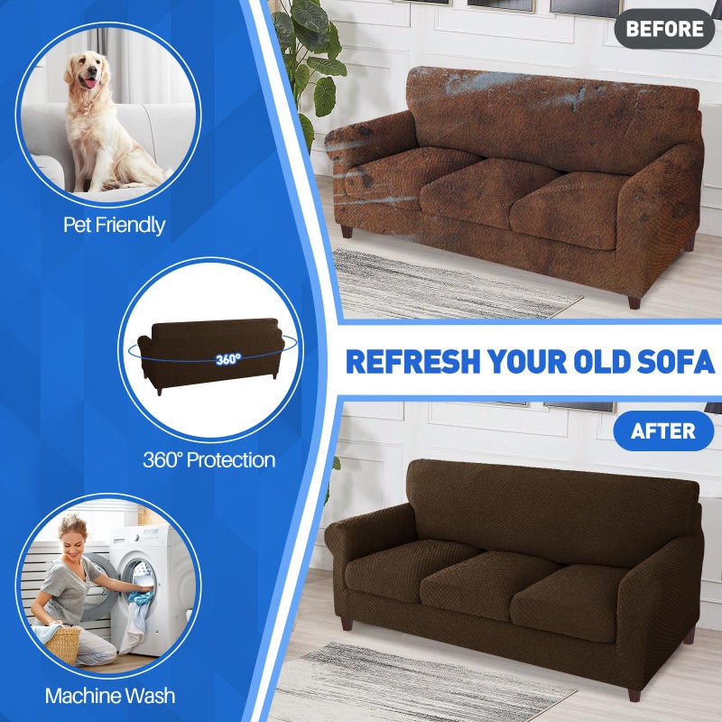 MAXIJIN 4 Piece Couch Covers for 3 Cushion Couch Super Stretch Non Slip Couch Cover for Dogs Pet Friendly Elastic Jacquard Furniture Protector Sofa Slipcovers (Sofa, Dark Coffee) - Image 5